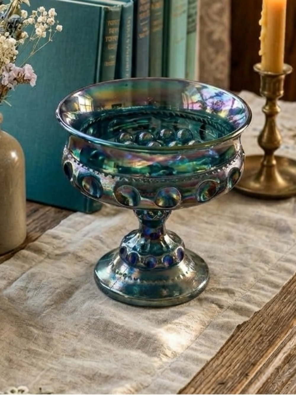 Vintage Indiana Glass Carnival Glass Thumbprint Pattern Candy Dish 5.5”